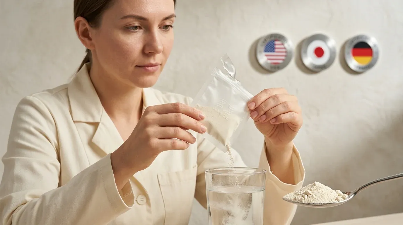Qualitätsspezialist prüft aufgeschnittenes Coral-Mine-Sachet mit Pulver vor Zertifizierungsplaketten USA, Japan, Deutschland.