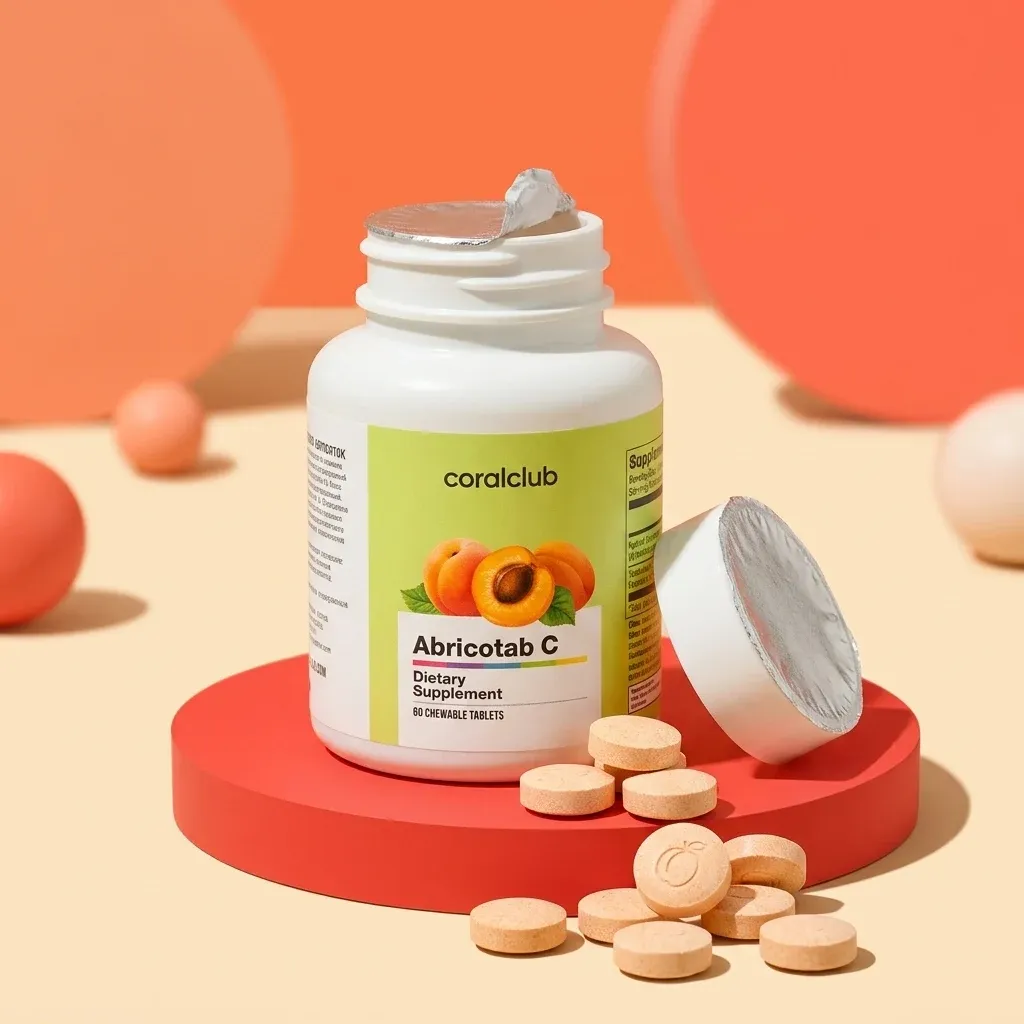 Abricotab C dietary supplement bottle with tablets on a colorful background.
