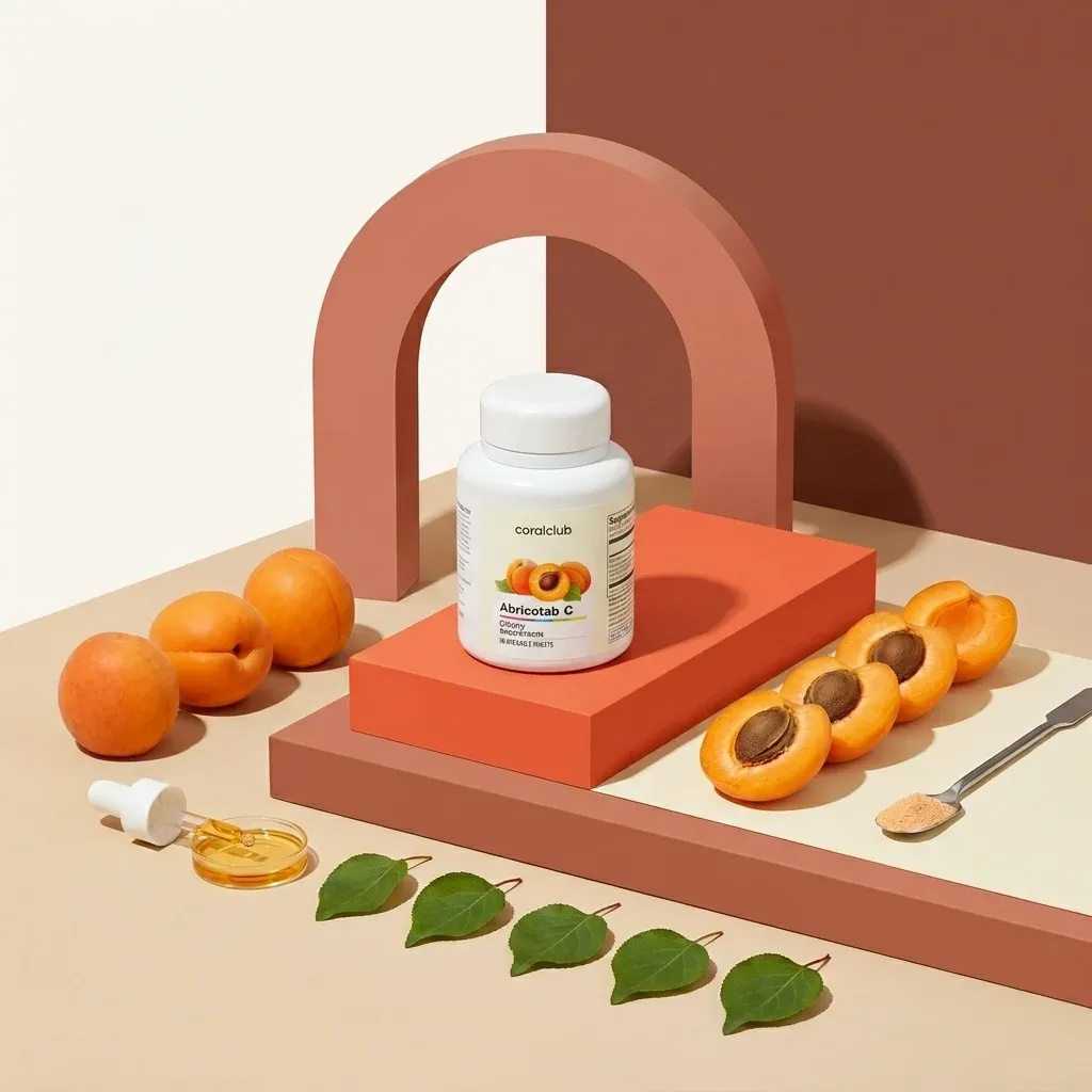 Abricotab C supplement bottle with apricots and green leaves on a minimalist display.