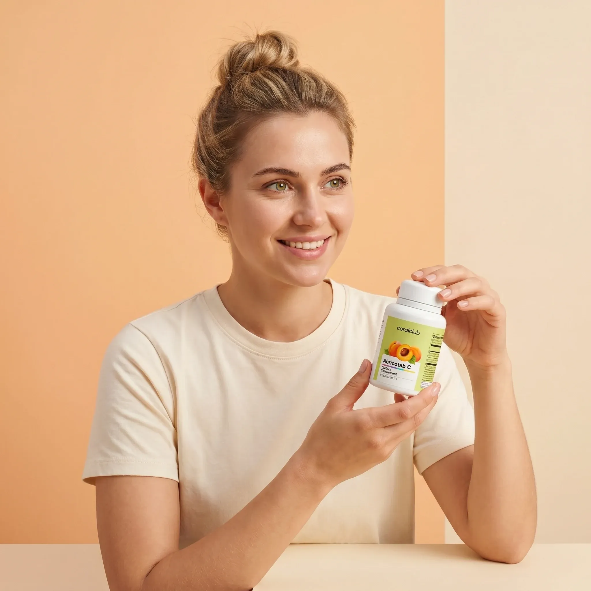 Woman holding Abricotab C supplement bottle in a bright lifestyle setting.