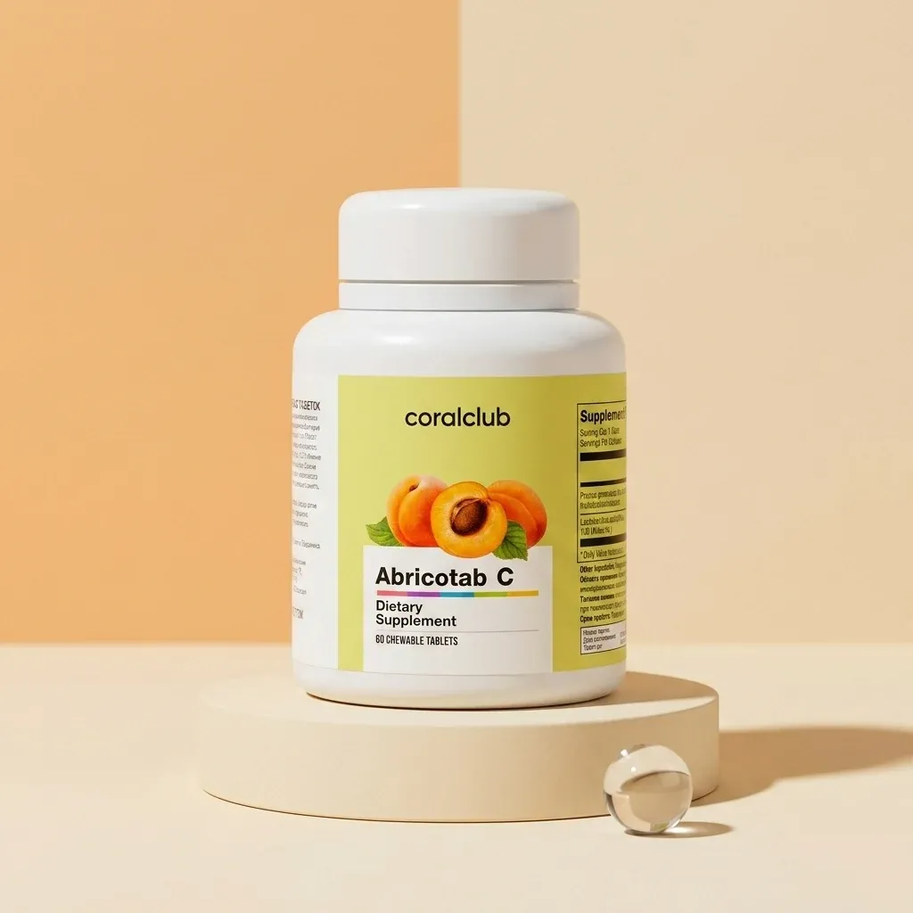 Abricotab C dietary supplement packshot with apricot visuals and chewable tablet.