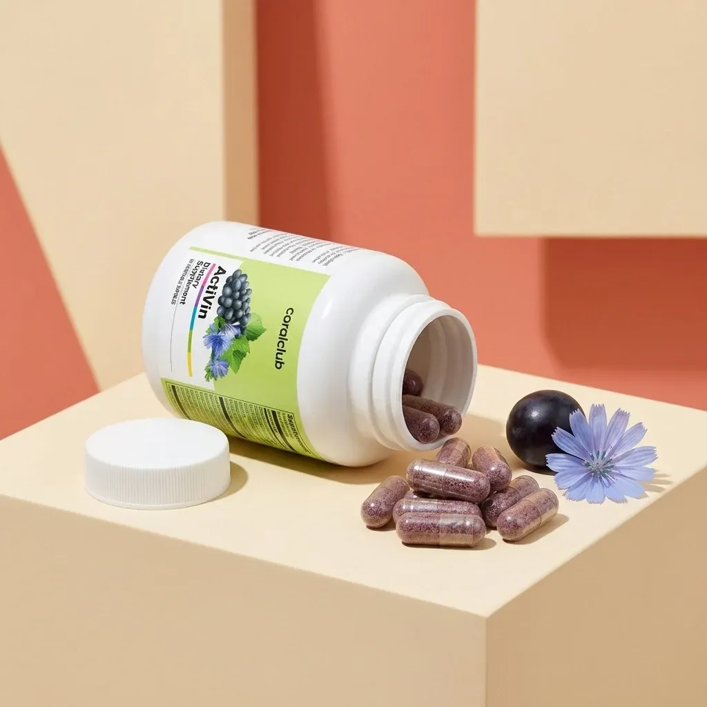 ActiVin dietary supplement bottle with spilled capsules and a flower on a pastel background.