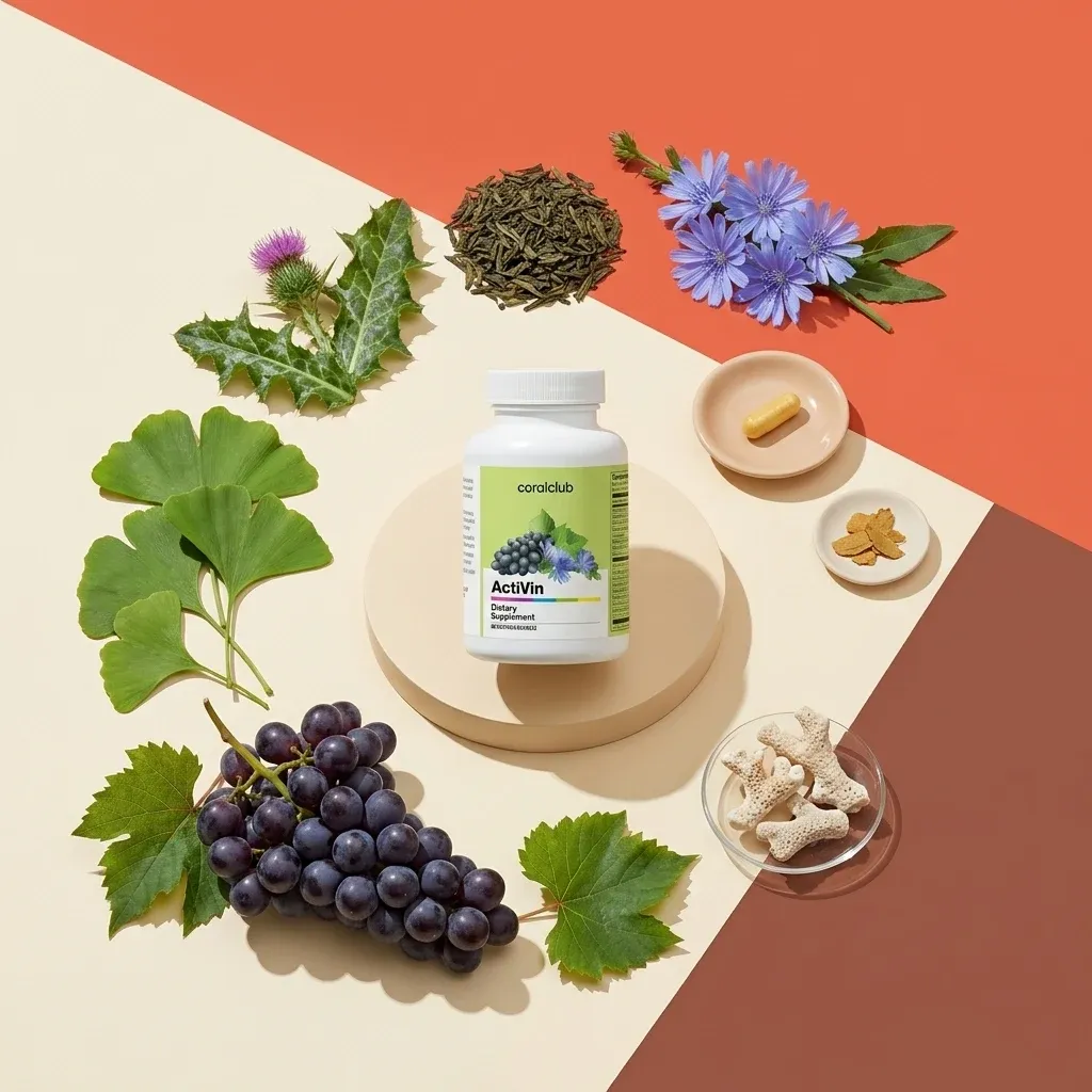 ActiVin dietary supplement surrounded by natural ingredients like grapes, herbs, and capsules.