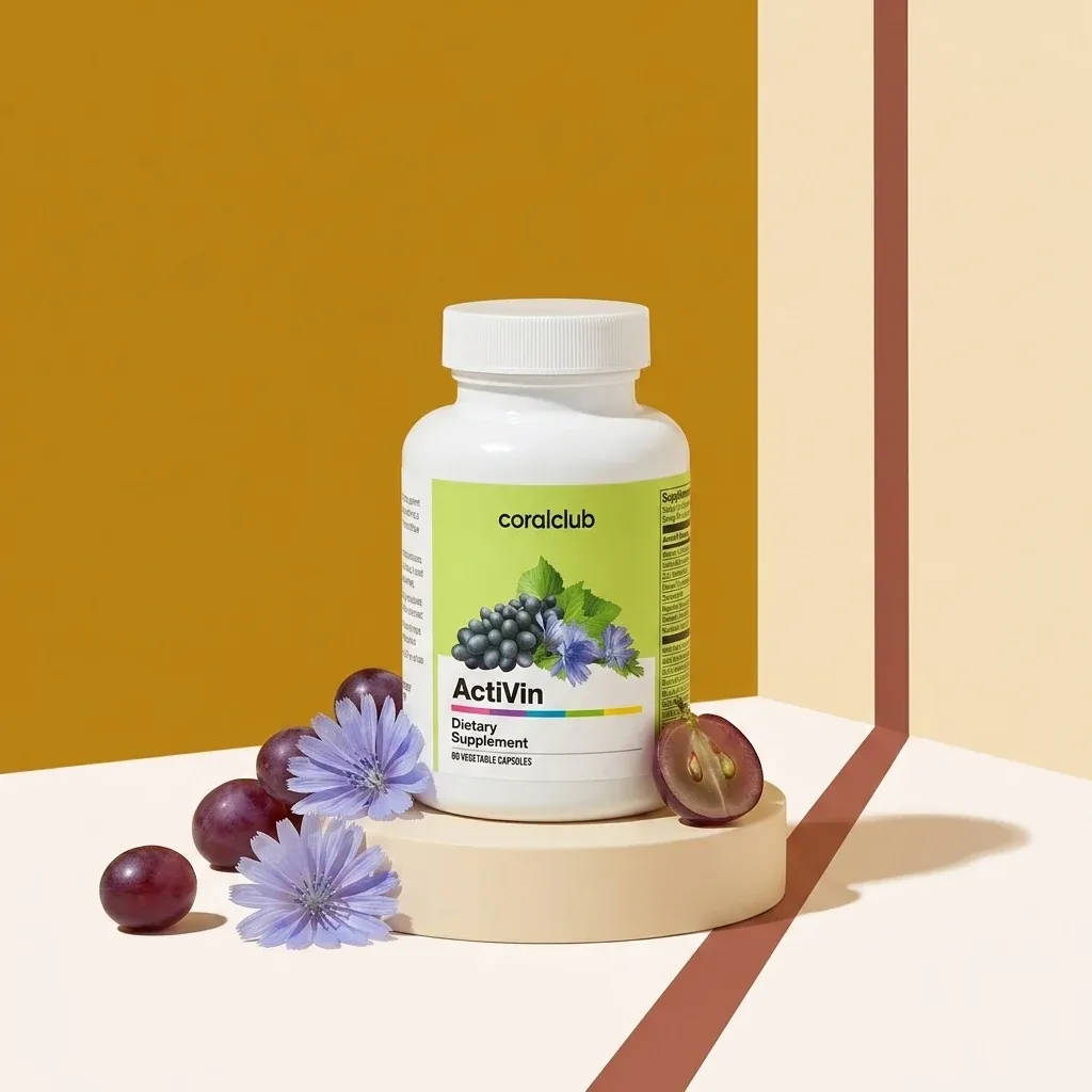 ActiVin dietary supplement packshot with grapes and flowers on a minimalist background.