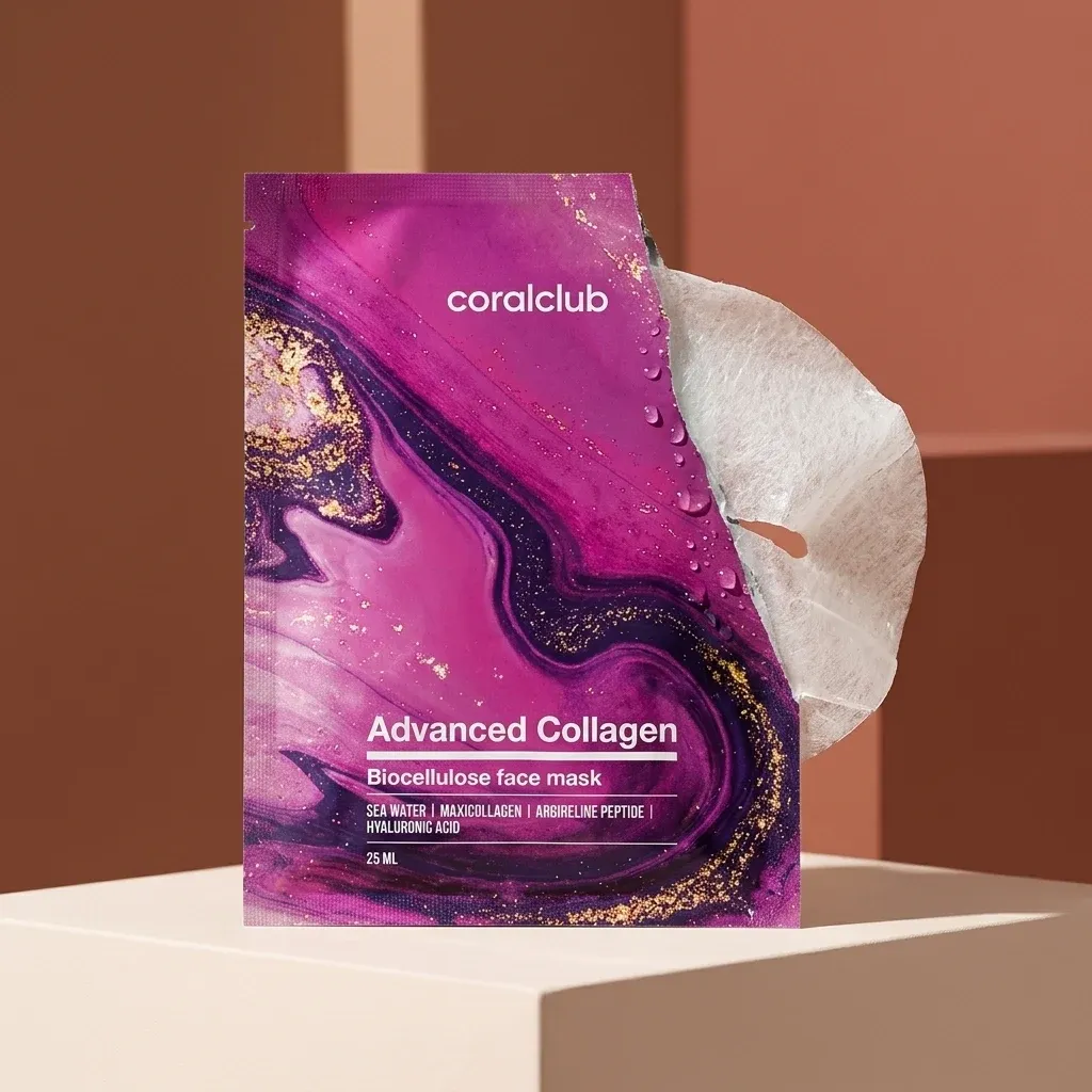Advanced Collagen Biocellulose Facial Mask detail with vibrant packaging and a visible mask sheet.