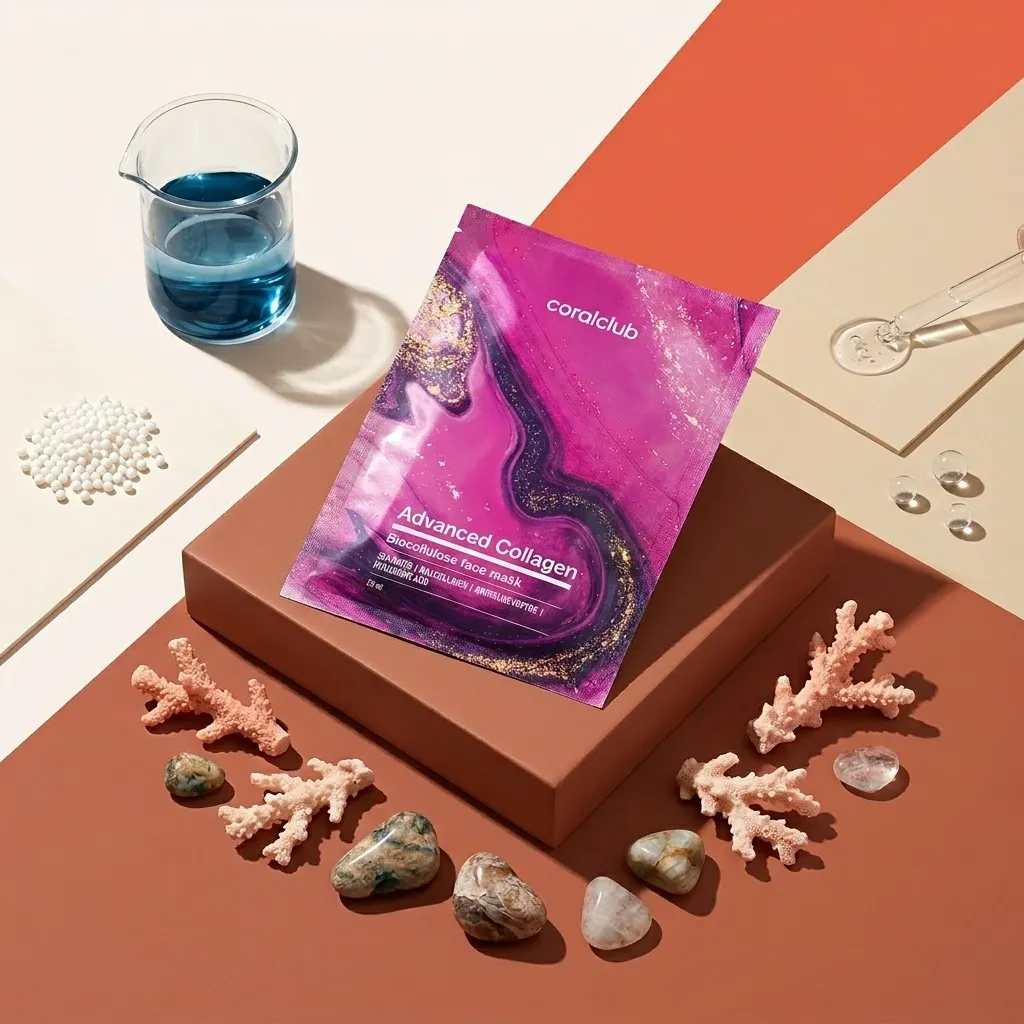Advanced Collagen Biocellulose Facial Mask with coral and gemstones on a textured background.
