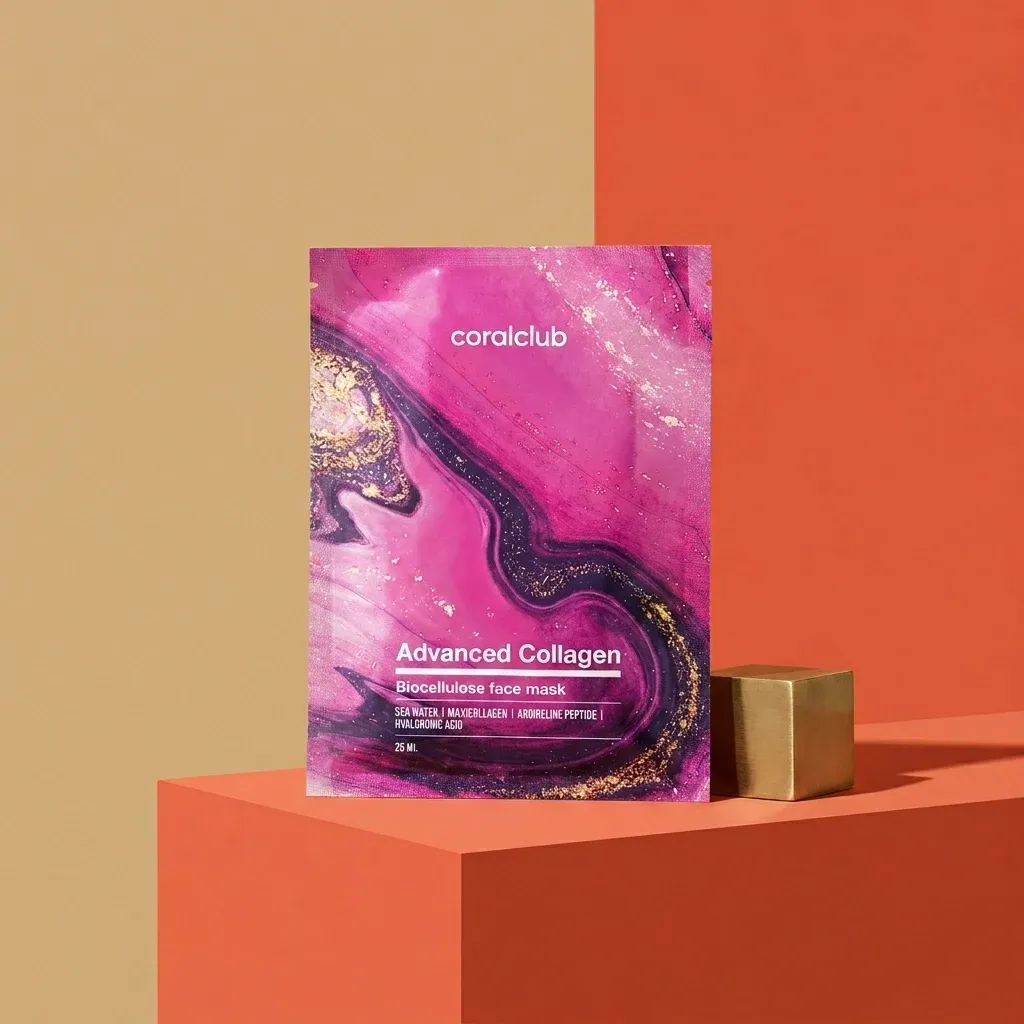 Advanced Collagen Biocellulose Facial Mask packshot on a colorful background with gold accent.