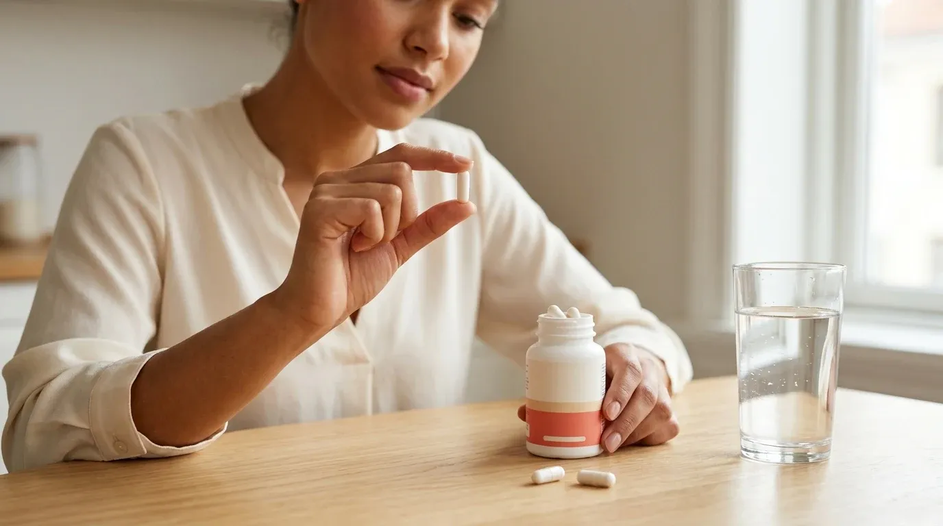 Junge Frau hält weiße Antioxidant Formulas-Kapsel zwischen Fingern, offene Flasche und Glas Wasser auf dem Tisch