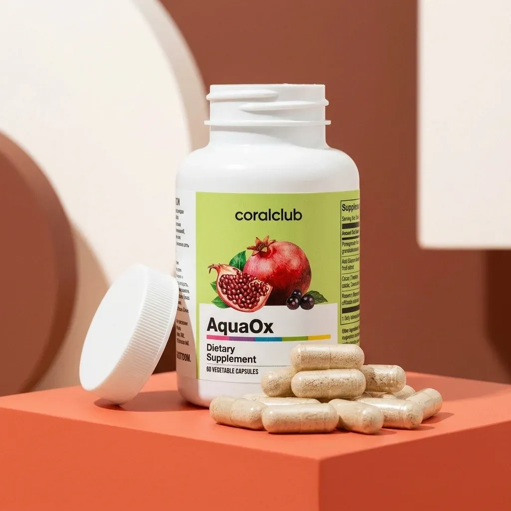 AquaOx dietary supplement bottle with vegetable capsules and pomegranate graphic detail.