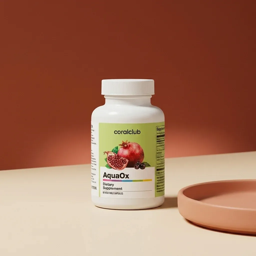 AquaOx dietary supplement bottle with pomegranate and blackcurrant on a neutral background.