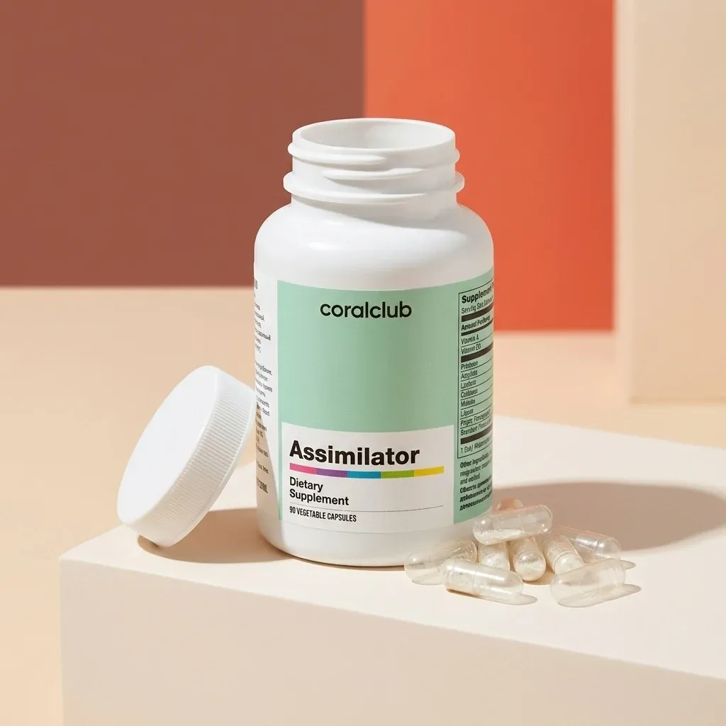 Assimilator dietary supplement bottle with open cap and capsules on a neutral background.