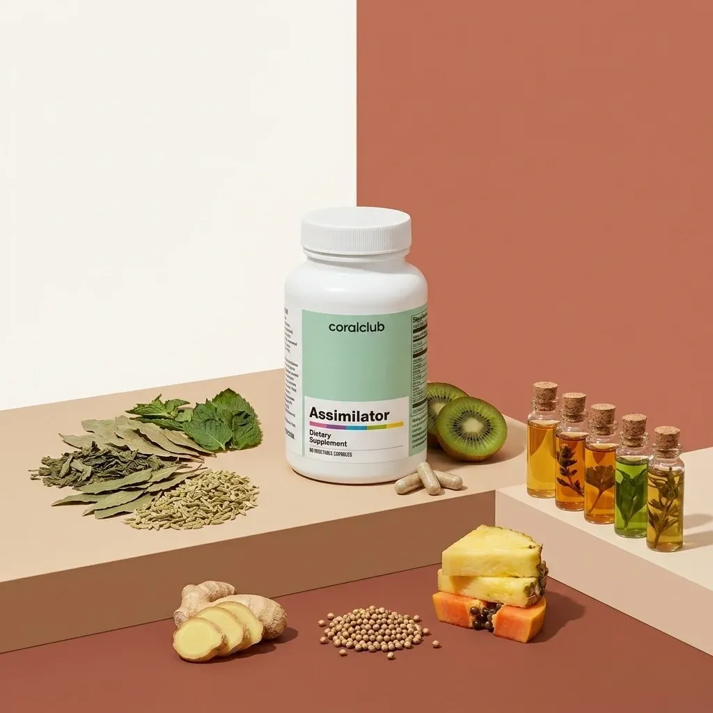 Assimilator supplement with natural ingredients like ginger, kiwi, and herbs on a stylish background.