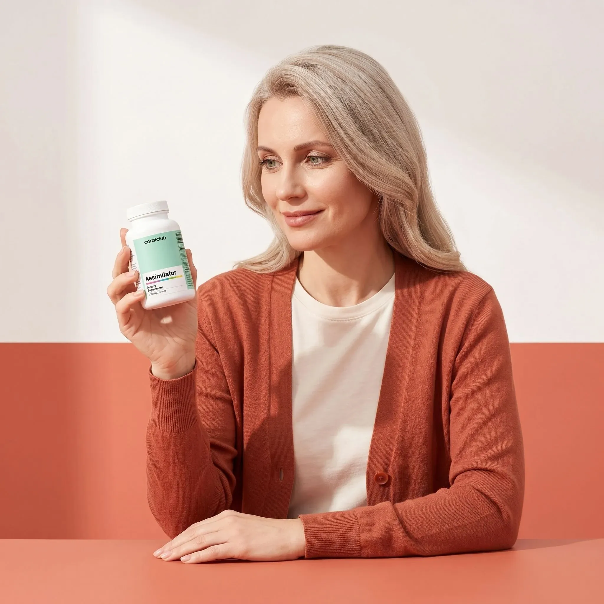 Woman holding Assimilator supplement bottle in a modern lifestyle setting.