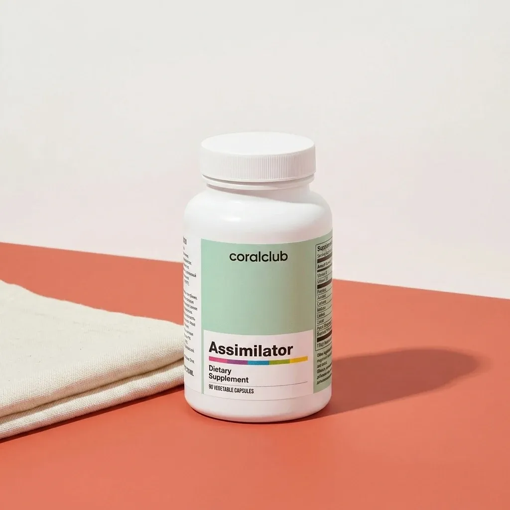 Assimilator dietary supplement packshot with white bottle on a coral background.