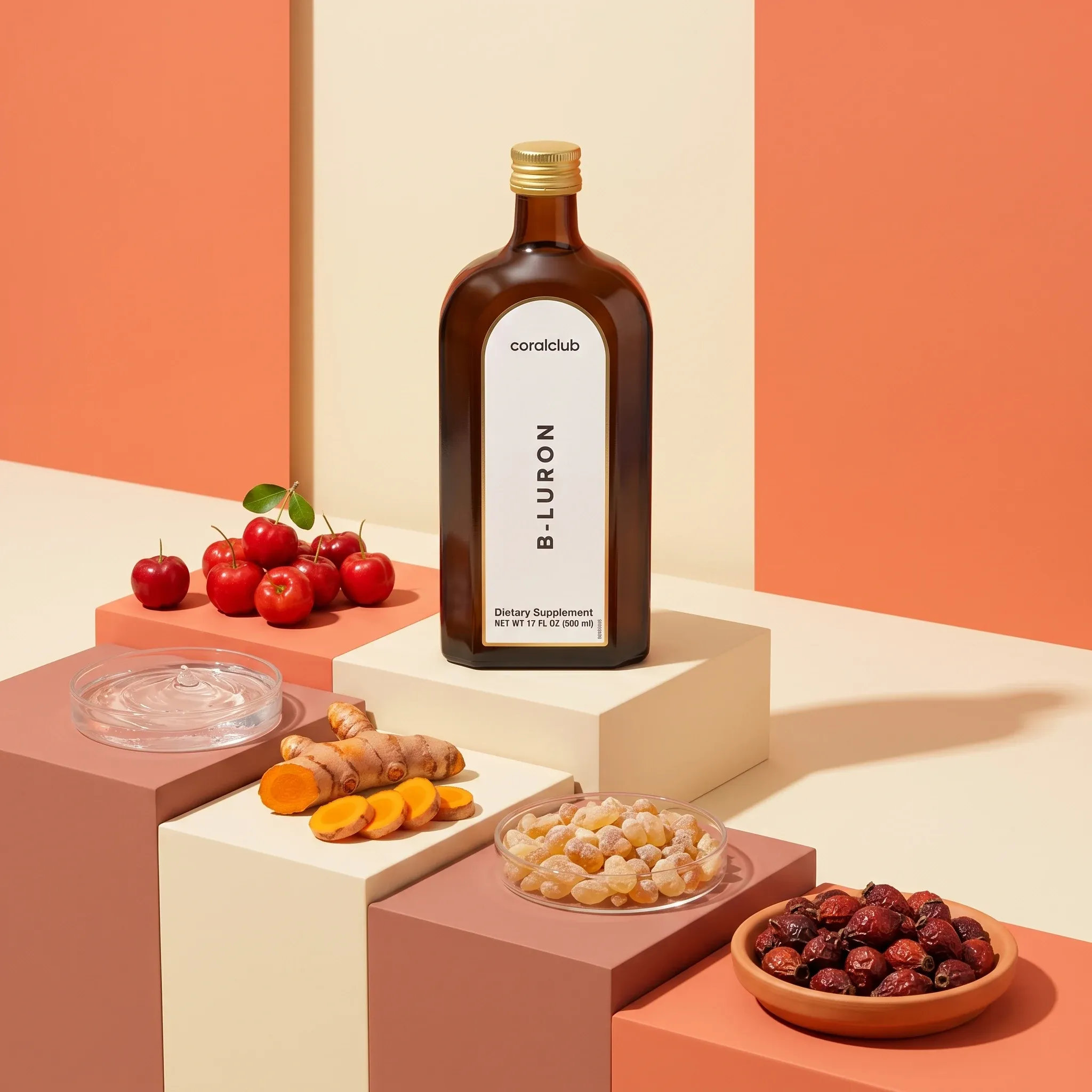 B-Luron bottle surrounded by its source ingredients arranged on coral-toned plinths.