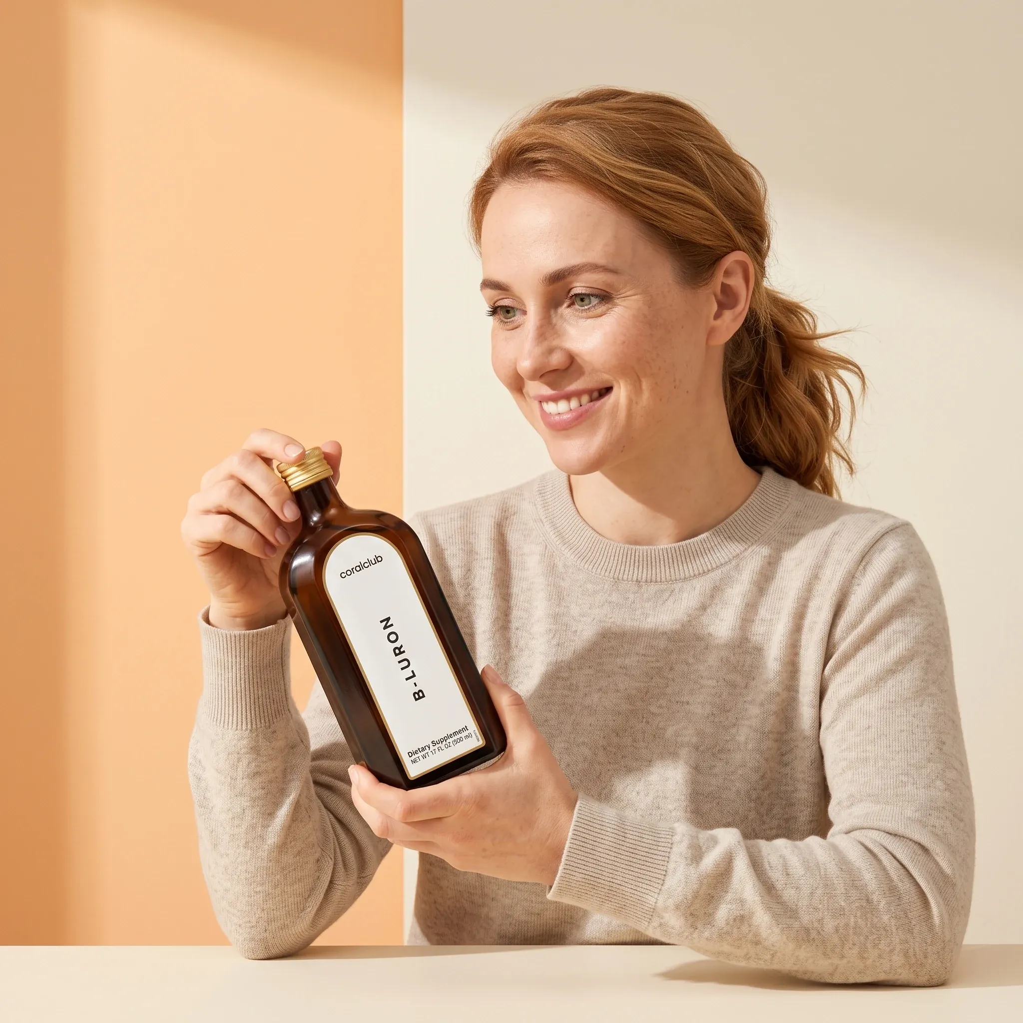 Woman holding a B-Luron supplement bottle in a warm, bright lifestyle setting.