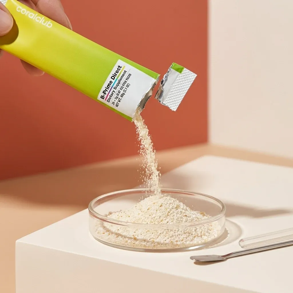 B-Prime Direct detail shot with powder being poured from a green sachet into a dish.