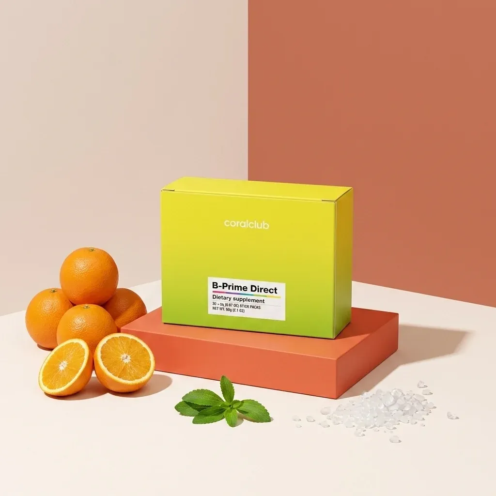 B-Prime Direct dietary supplement box with fresh oranges and mint leaves on colorful surfaces.