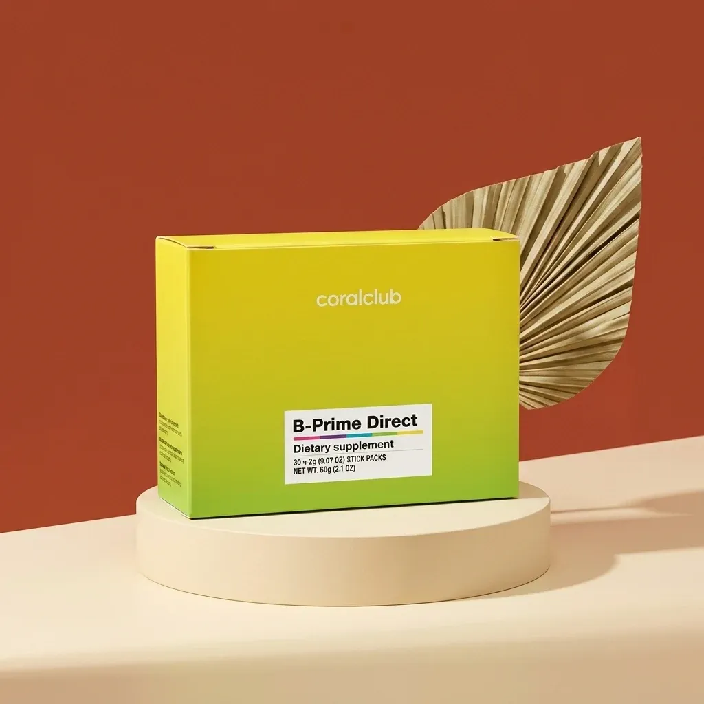 B-Prime Direct dietary supplement packshot with vibrant green and yellow packaging on a minimalist display.