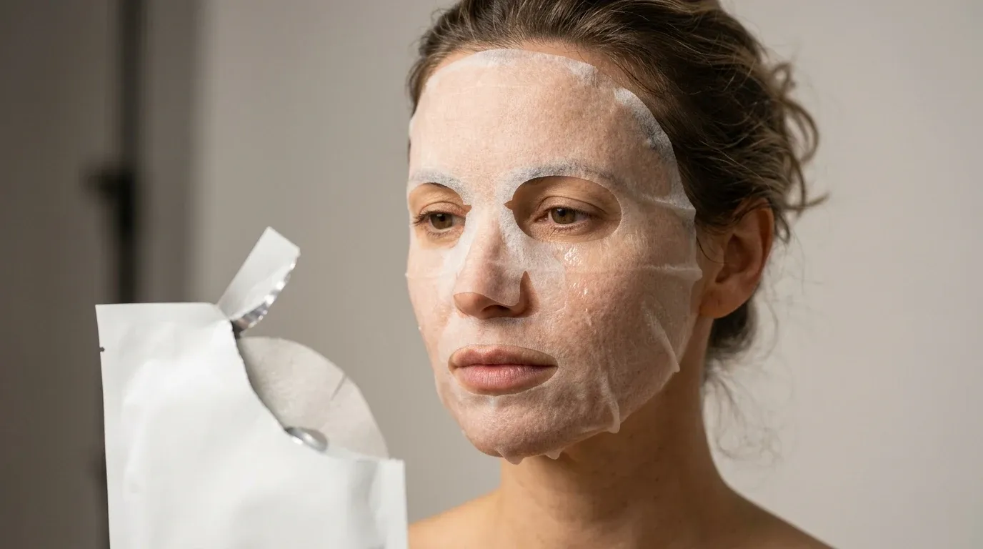Frau im Beauty & Anti-Age-Programm trägt ultradünne Biocellulose-Maske, feuchte poröse Faserstruktur an Gesichtskonturen