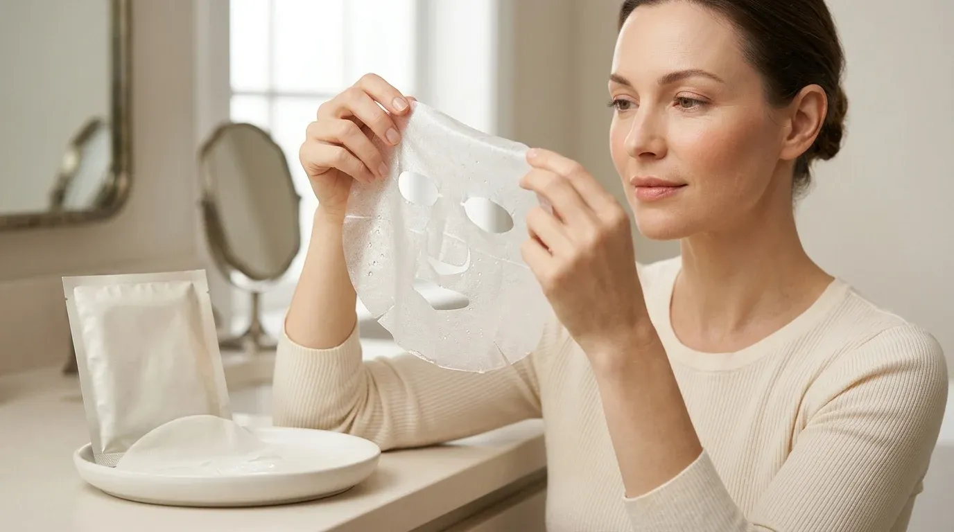 Frau in hellem Top hält Biocellulose-Gesichtsmaske neben Keramikschale mit Liposom-Serum – Beauty & Personal Care
