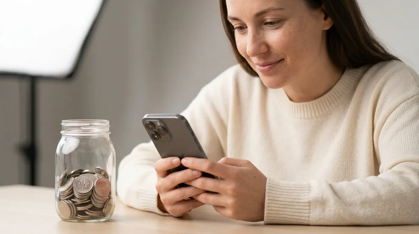 Kundin überprüft frisch gutgeschriebene Cashback-Belohnungen auf Smartphone neben Glas voller Bonus & Cashback-Münzen