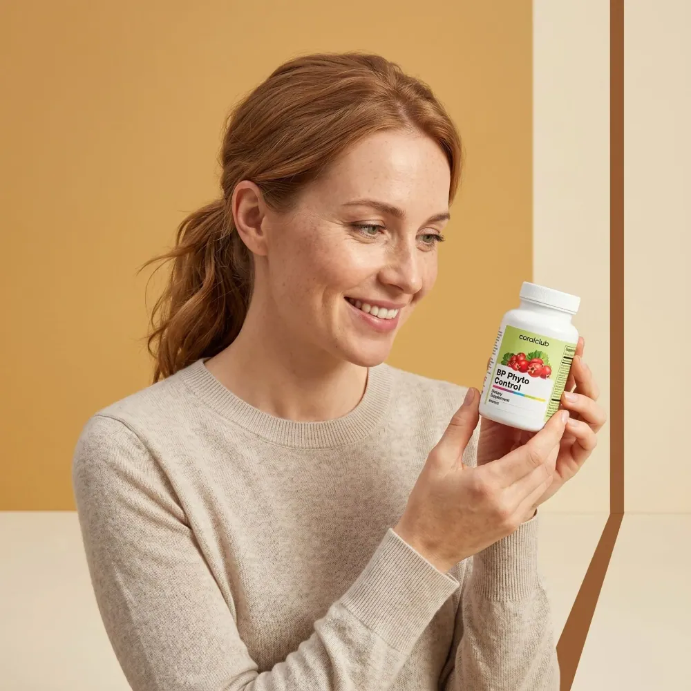 Woman holding BP Phyto Control supplement bottle in a warm, lifestyle setting.