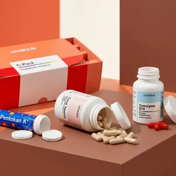 C-Pack dietary supplement detail with capsules and bottles on a geometric background.