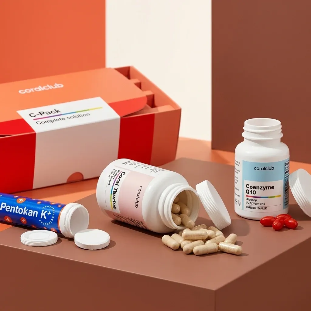 C-Pack dietary supplement detail with capsules and bottles on a geometric background.