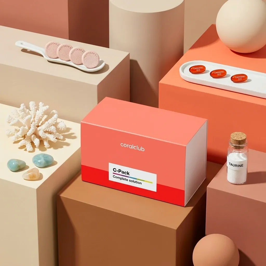 C-Pack dietary supplement box on a neutral backdrop with coral and mineral elements.