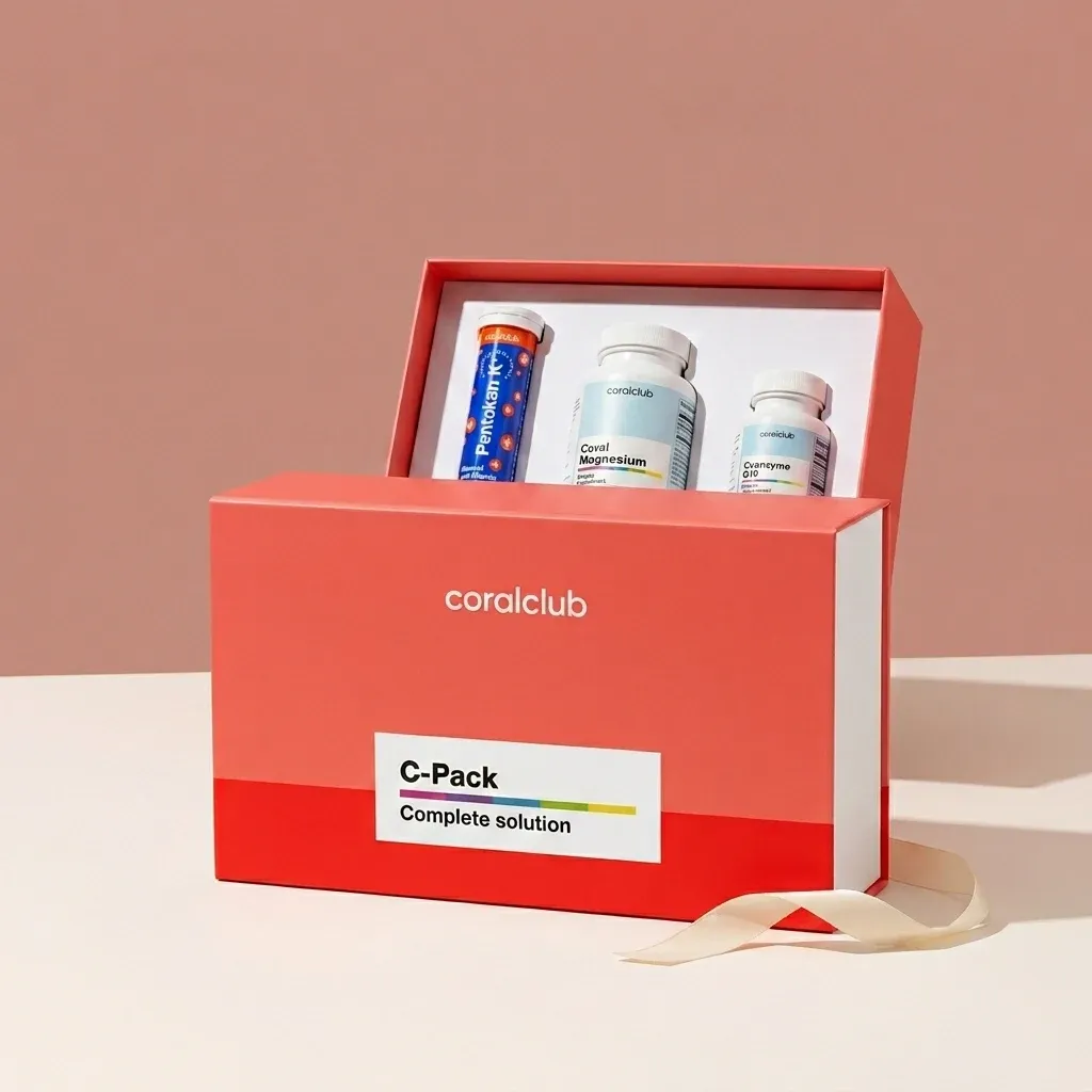 C-Pack complete solution packshot with three bottles inside a coral box.