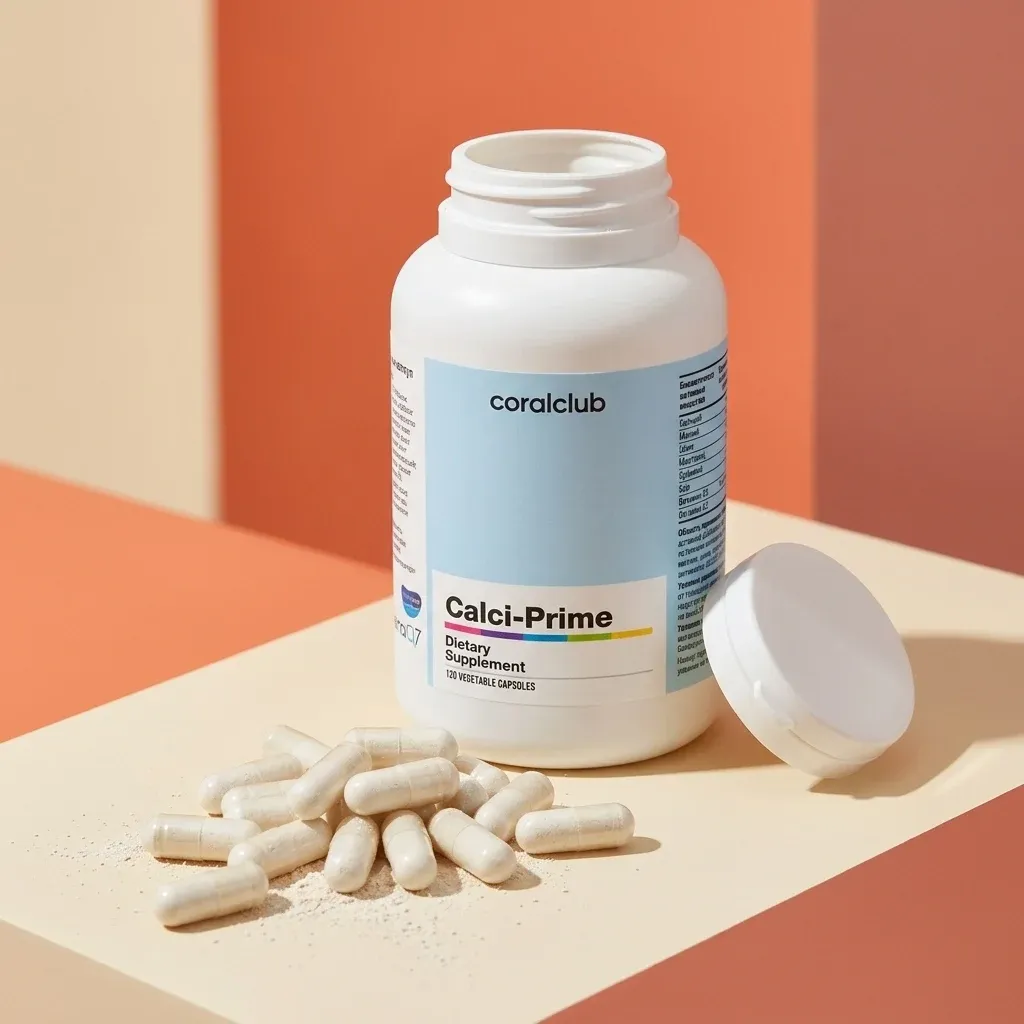 Calci-Prime dietary supplement bottle with capsules on a beige surface and pastel background.