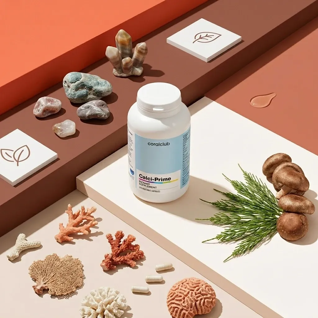Calci-Prime dietary supplement bottle with natural ingredients like coral, mushrooms, and seaweed on a colorful background.