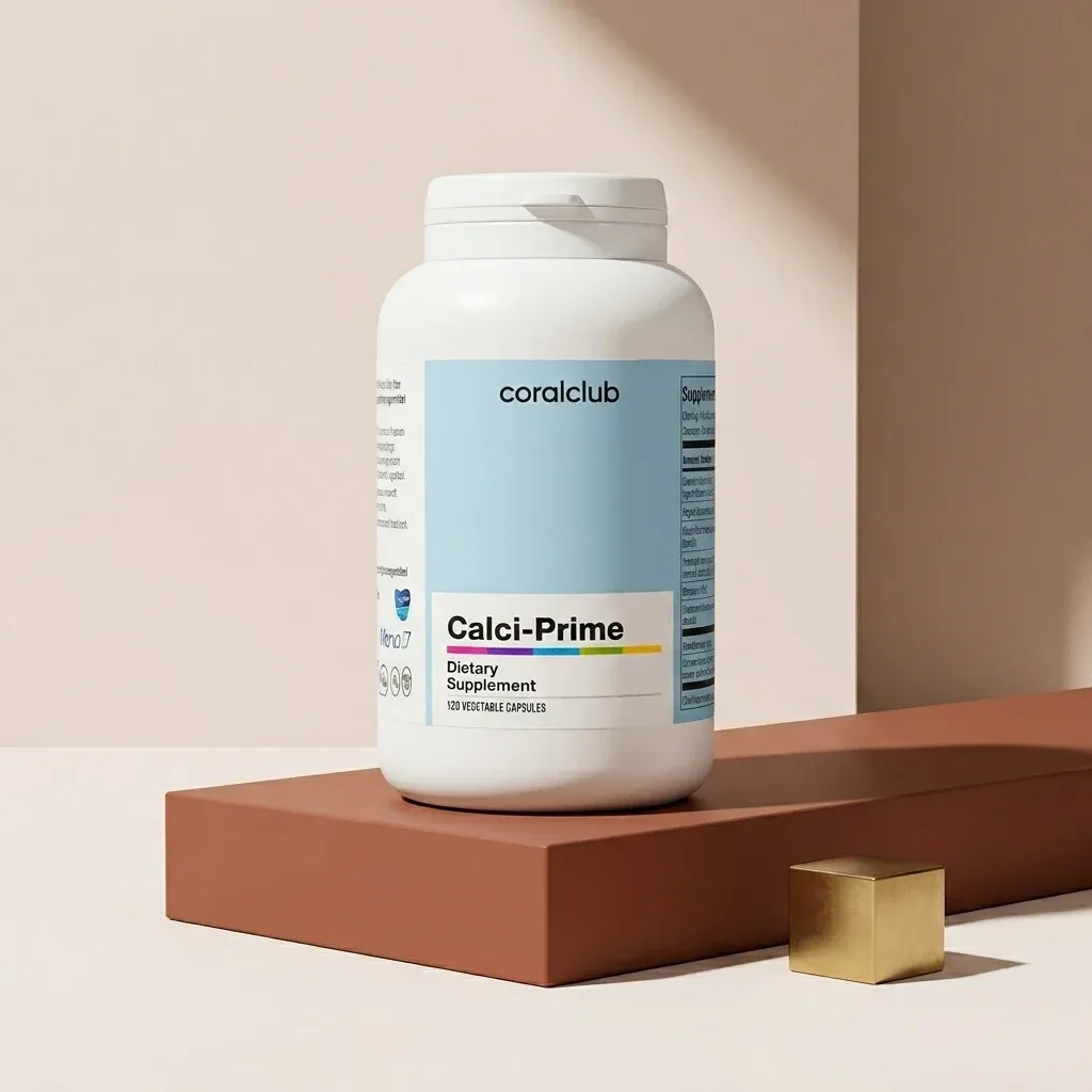 Calci-Prime dietary supplement packshot with white capsule container on a minimalist background.
