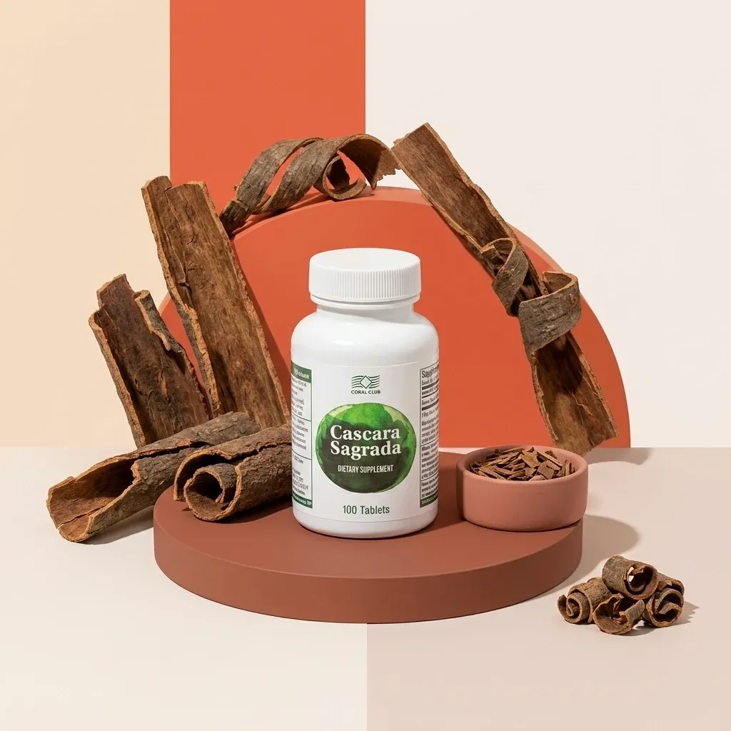 Cascara Sagrada dietary supplement bottle with bark pieces on a modern display.