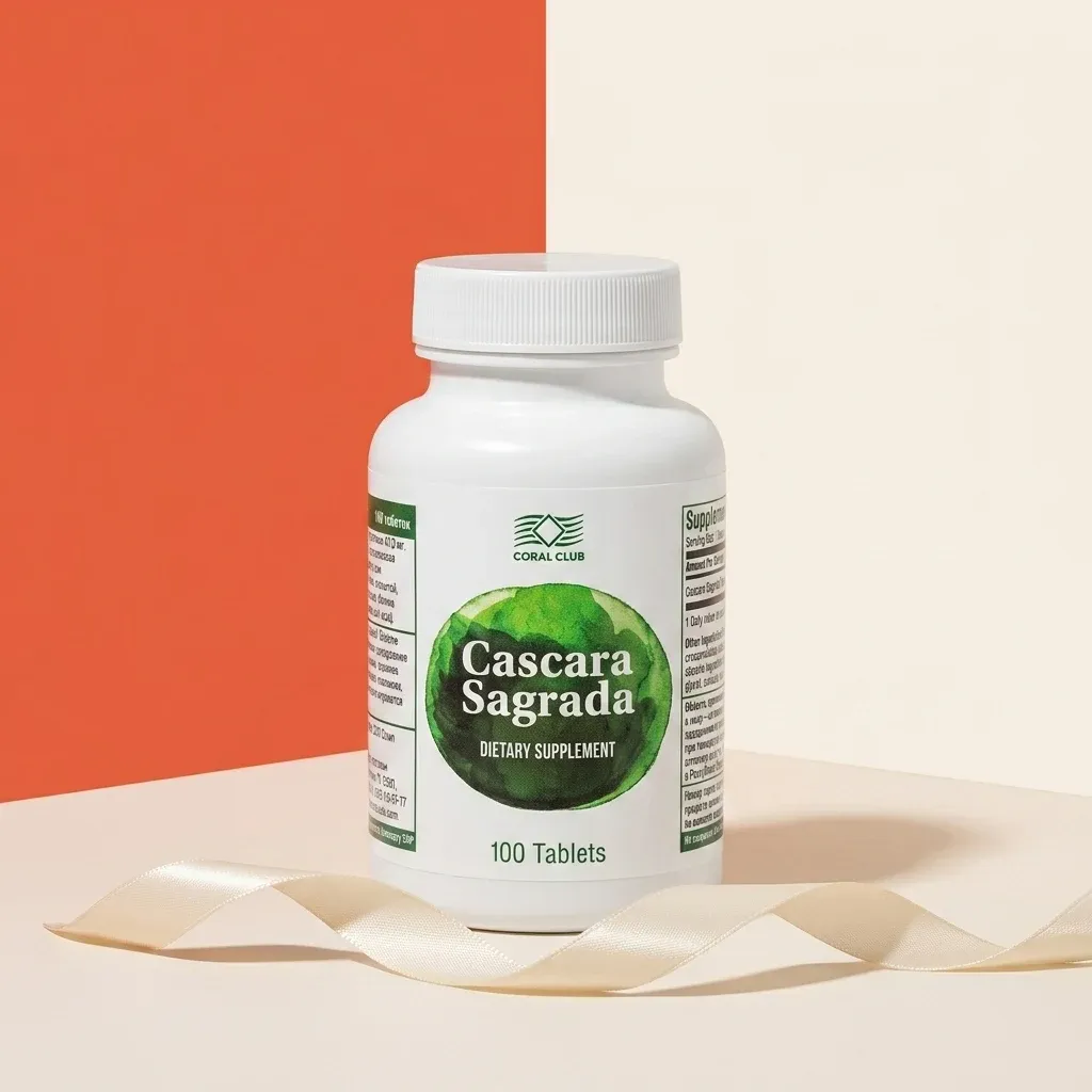 Cascara Sagrada dietary supplement packshot with 100 tablets and green label on a minimal background.