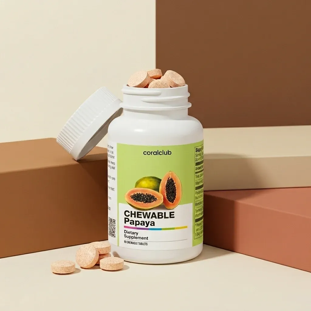 Chewable Papaya dietary supplement bottle with peach-colored tablets on a minimalist background.