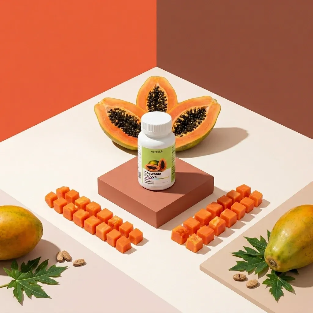 Chewable Papaya dietary supplement with fresh papaya halves and cubes on a stylish backdrop.