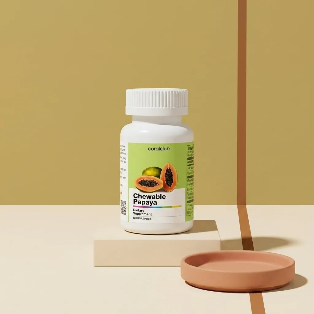 Chewable Papaya supplement bottle on a minimalist background with a small dish.
