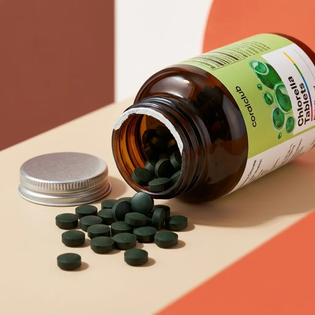 Chlorella Tablets in a bottle with spilled tablets on a beige surface.