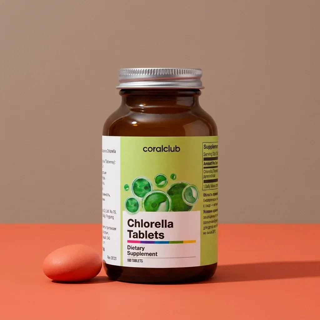 Chlorella Tablets packshot in a brown bottle with green label and orange tablet on a coral background.
