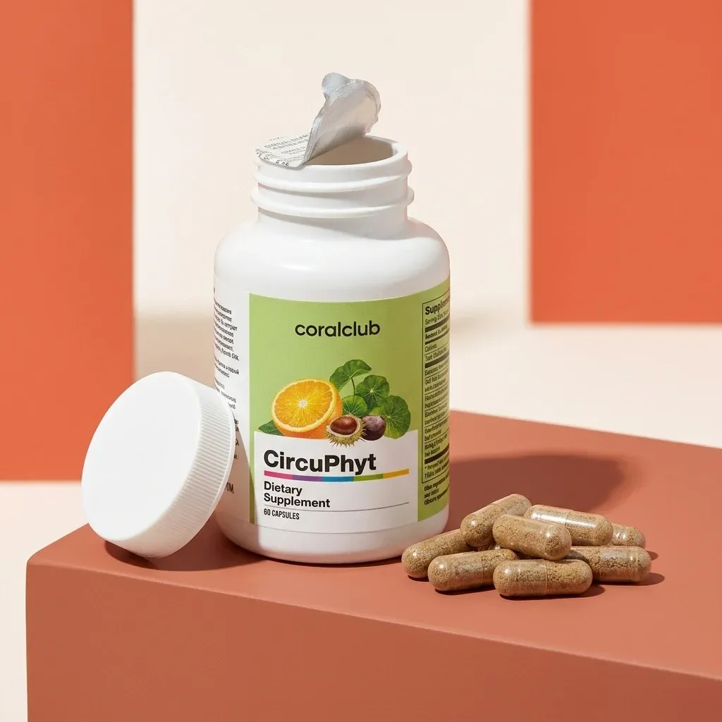 CircuPhyt dietary supplement bottle with capsules on a geometric background, featuring citrus and berry ingredients.