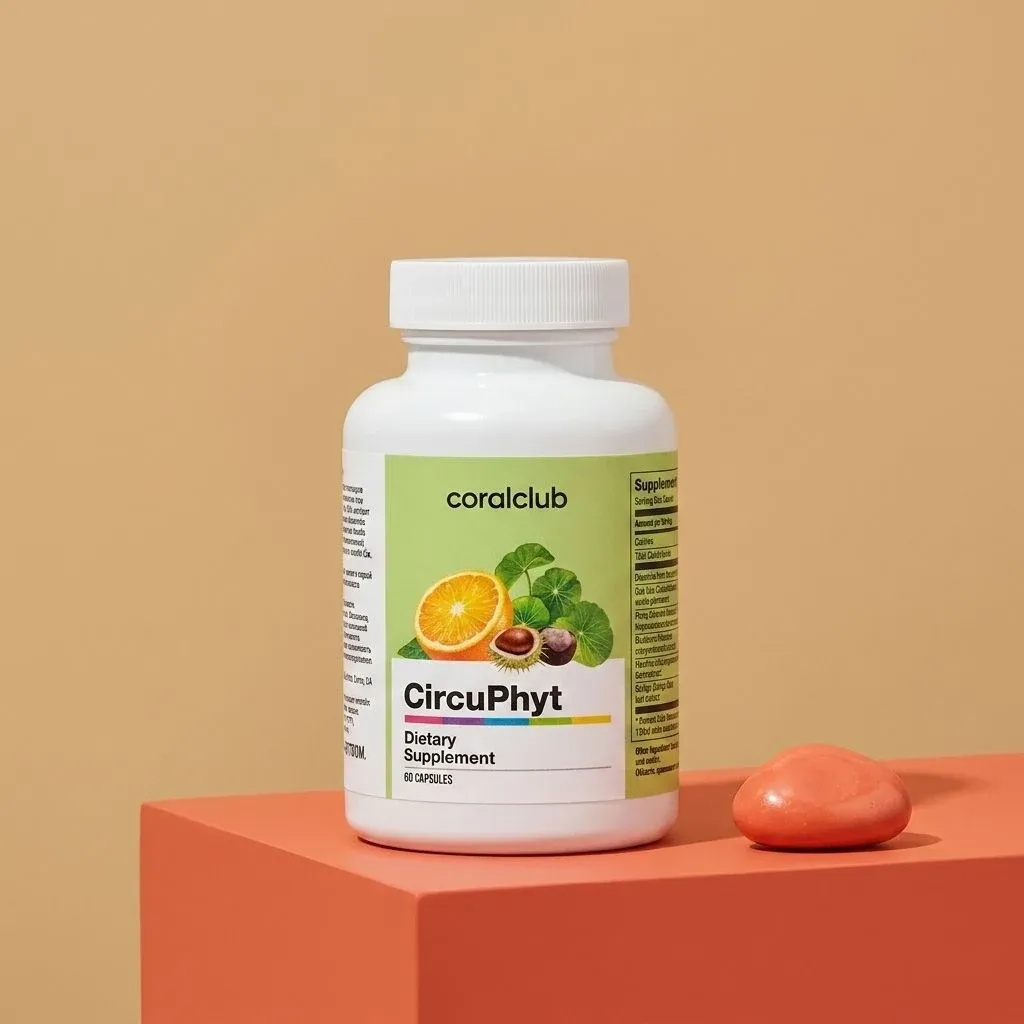 CircuPhyt dietary supplement bottle on a vibrant orange background with a coral stone.