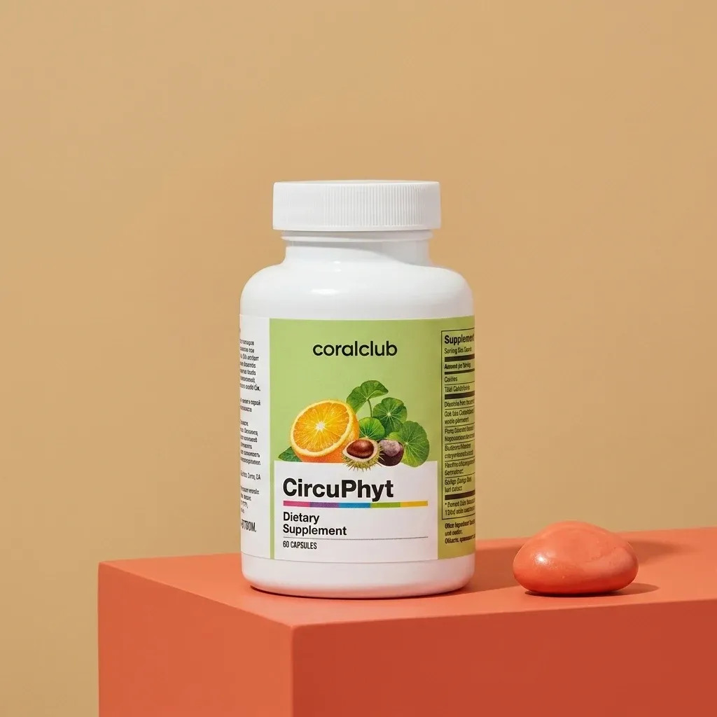 CircuPhyt dietary supplement bottle on a vibrant orange background with a coral stone.