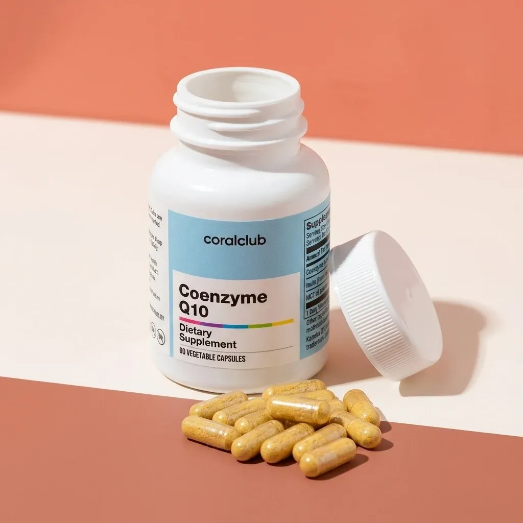 Coenzyme Q10 dietary supplement bottle with yellow capsules on a pastel background.