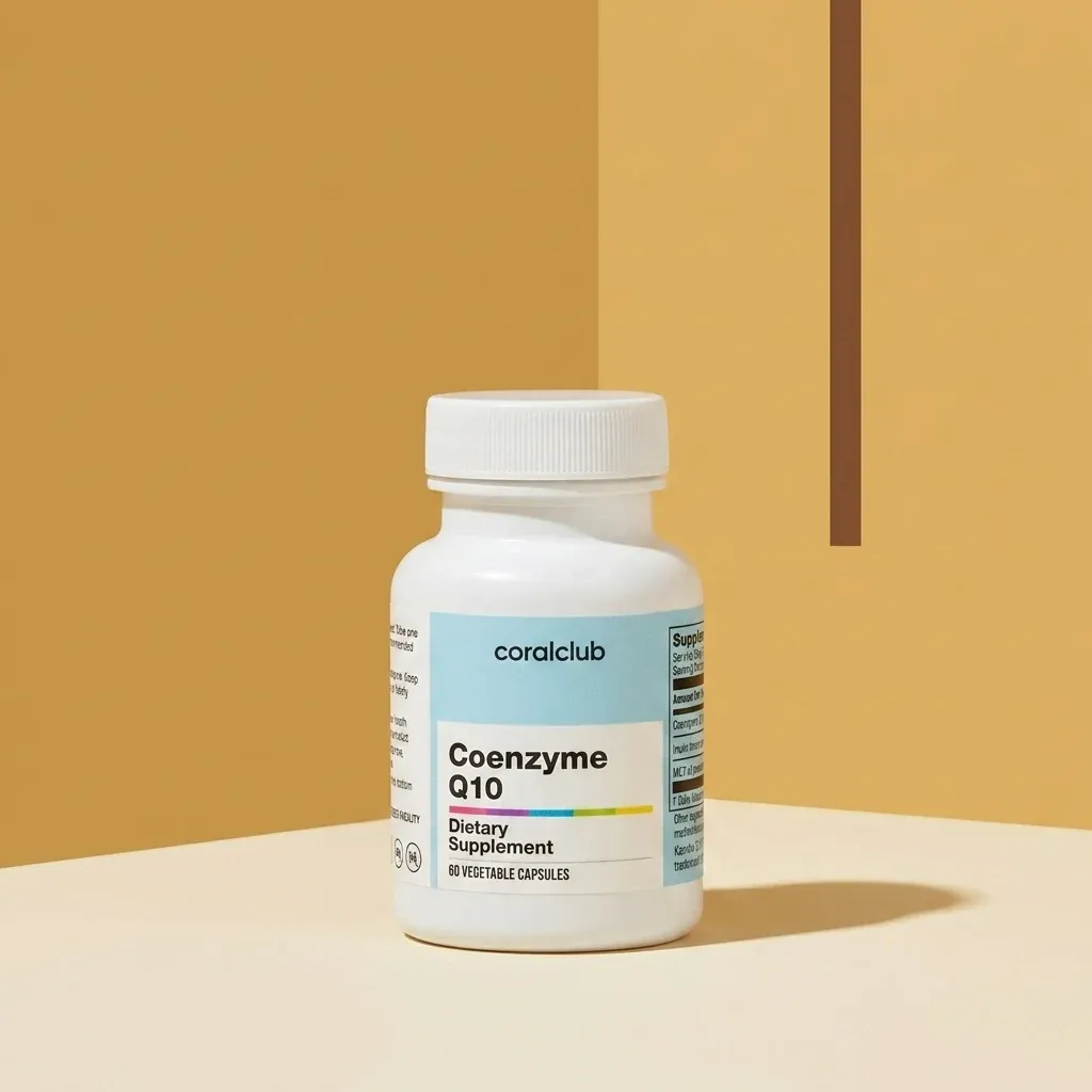 Coenzyme Q10 dietary supplement packshot with white bottle and minimalistic background.