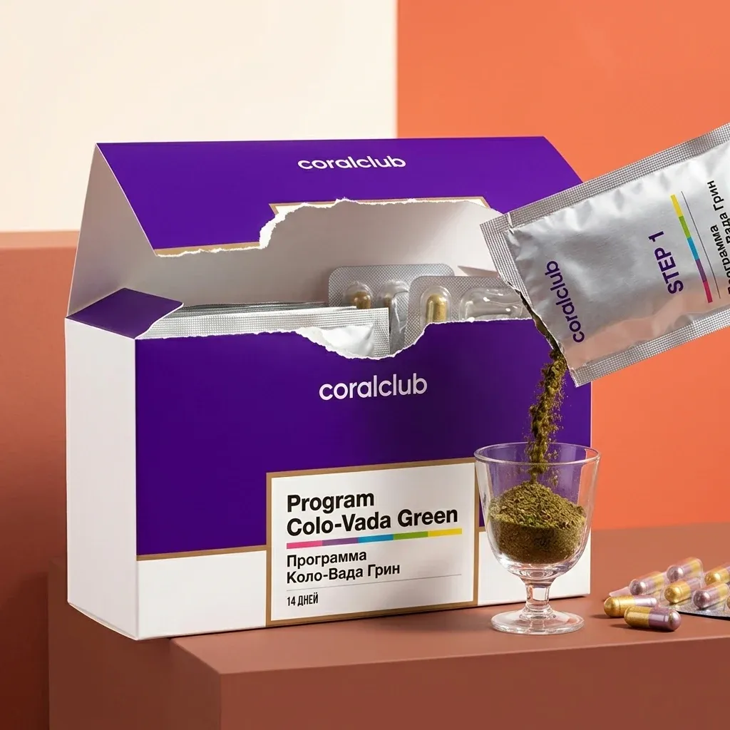 Colo-Vada Green detail shot with powder being poured into a glass and capsules in the box.