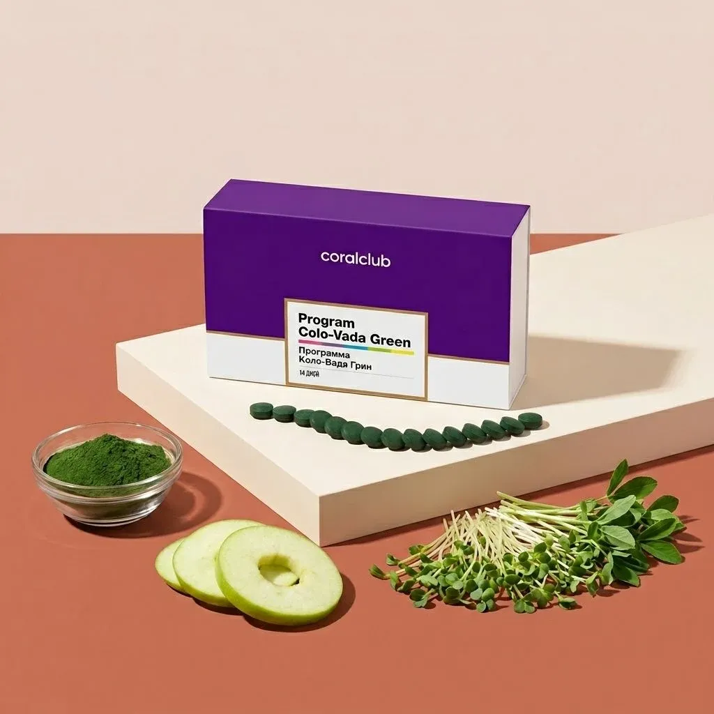 Colo-Vada Green dietary supplement with green tablets, spirulina, and apple slices on a minimalistic background.