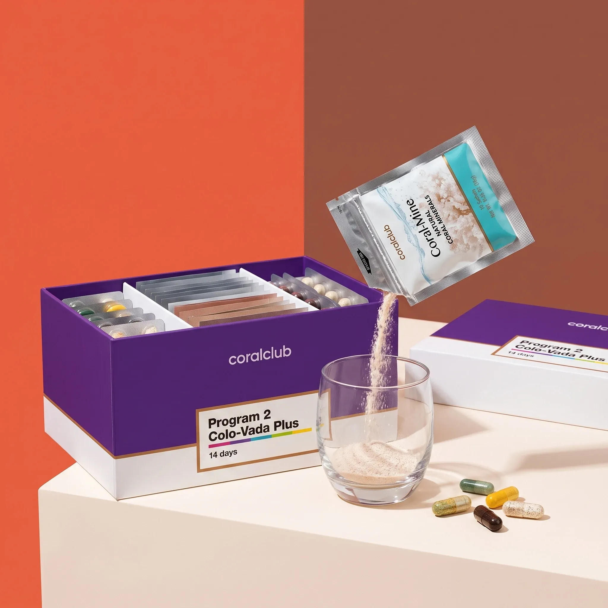 Coral-Mine sachet pouring powder into a glass beside the opened Colo-Vada Plus box and capsules.