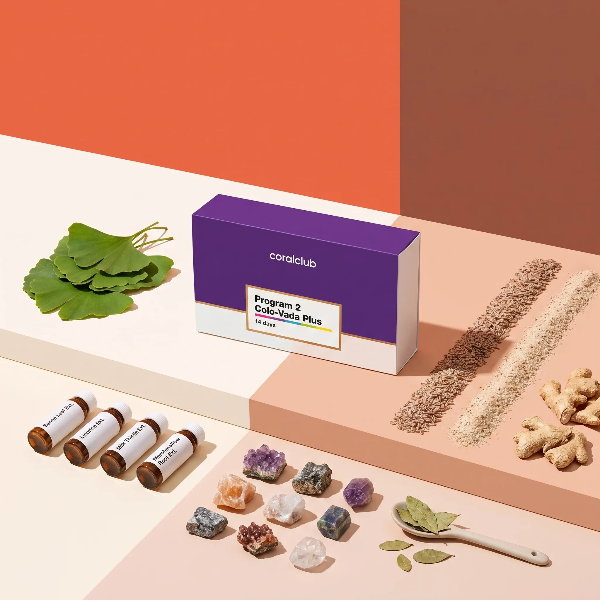 Colo-Vada Plus box with herbal ingredients, seeds and minerals arranged around it.